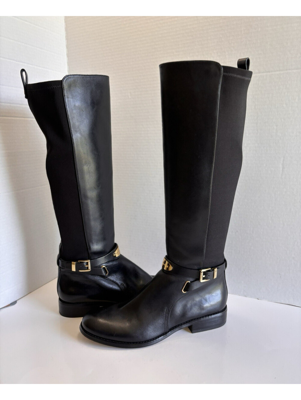 Michael Kors Arley Tall Riding Boots Women's Size 9M Black Leather Stretch Zip
